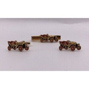 VINTAGE Foster Antique Car Model T Gold Tone Cufflinks Tie Clip Set